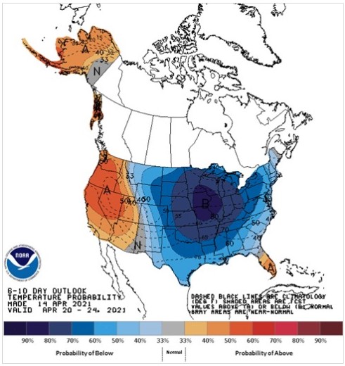 The 6-10 day outlook probability for temperature