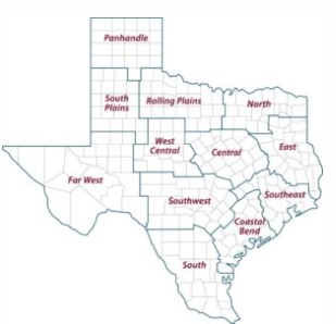 Map of the 12 AgriLife Extension districts.