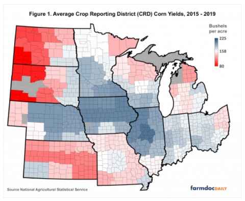 Figure 1 shows average corn yields not only for CRDs in the I-states but also across the Midwest