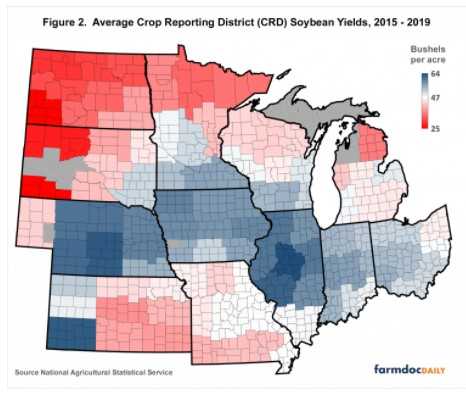 Figure 2 shows the average soybean yields across the Midwest.