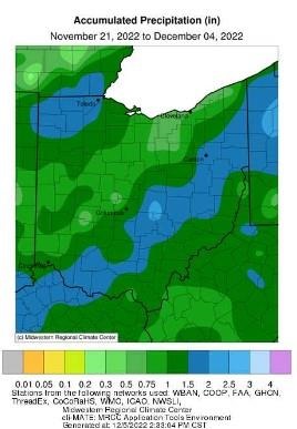 Figure 1: Total precipitation for the period November 21 - December 4, 2022. Figure courtesy of the Midwestern Regional Climate Center