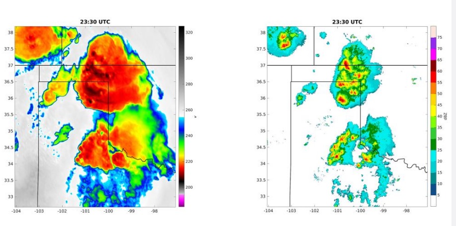 The first figure (left) shows satellite brightness temperatures when thunderstorms developed and matured in the case study, and the second shows a radar image of the same storms at the same time. The scientists said combining the data in weather models may improve forecasts.