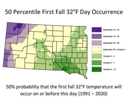 Color-coded map of South Dakota indicating the fiftieth percentile for first fall occurrence of 28 degrees Fahrenheit