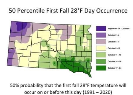 Fiftieth percentile, or median date, or first fall occurrence of 32 degrees Fahrenheit minimum temperature, or the first fall frost
