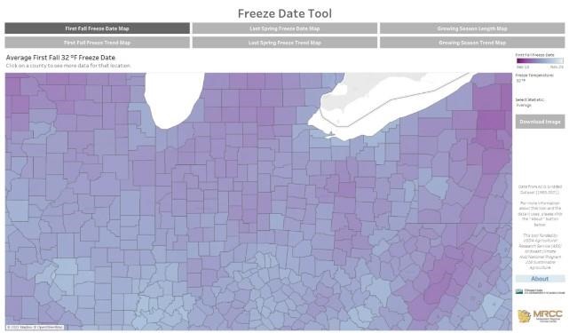 Figure 1: Average first fall freeze (32°F) for the period 1950-2021. Figure courtesy of the Midwest Regional Climate Center
