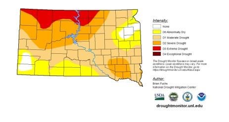 Color-coded drought monitor map of South Dakota