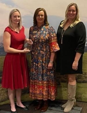Theresa Lucas McMahan (left) accepted the Veritas Award for her grandfather Forrest Lucas from Laura Hart, nominator and Kellie Kittelmann, chair of American Agri-Women’s Veritas Committee, at the organization’s 48th national convention in Bozeman, Montana