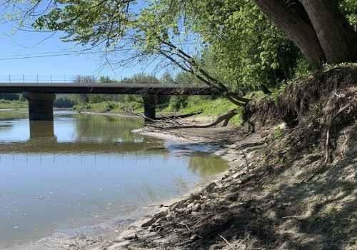 Muddy riverbanks are exposed along the Minnesota River