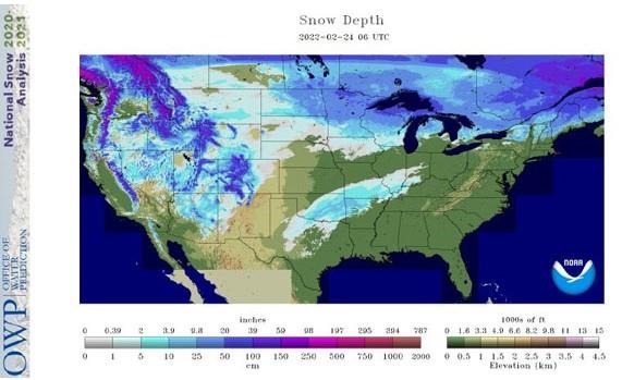 Snow depth as of February 24, 2022 at midnight as reported by the National Oceanic and Atmospheric Administration