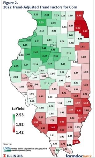 shows the 2022 trend factors for non-irrigated corn in Illinois