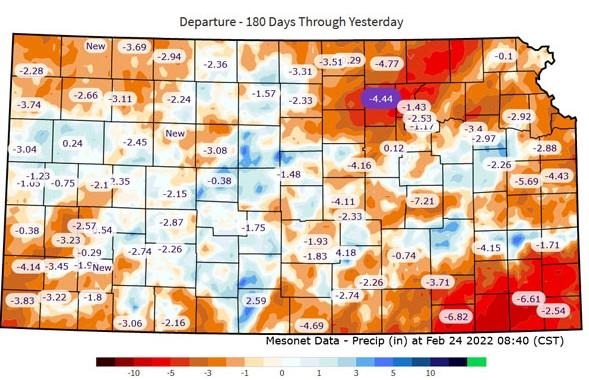 Departure from normal precipitation on Kansas Mesonet stations with background National Weather Service quantitative