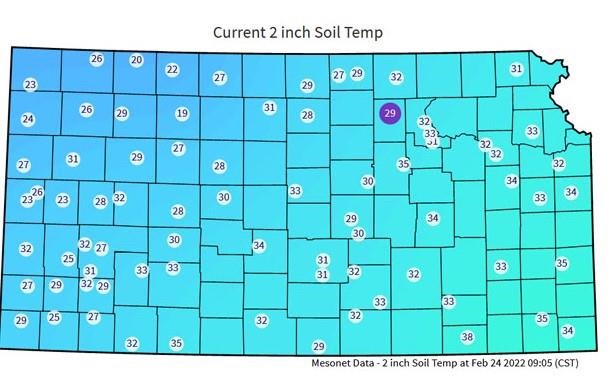 Current soil temperatures (2 inches) at 9:00 am on February 24, 2022. Data from the Kansas Mesonet