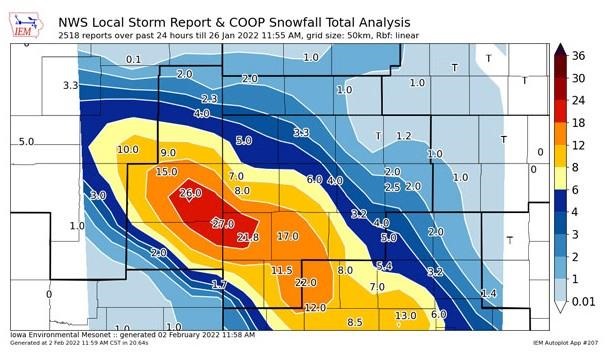 Public and COOP snow reports to the National Weather Service ending on January 26, 2022. Note, some totals are unofficial