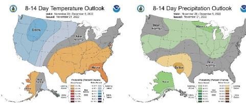Figure 3) Climate Prediction Center 8-14 Day Outlook valid for November 29 – December 5, 2022, for left) temperatures and right) precipitation. Colors represent the probability of below, normal, or above normal conditions