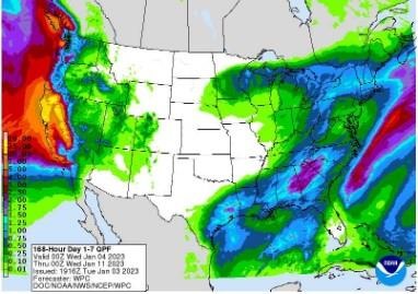Figure 2). Precipitation forecast from the Weather Prediction Center for 7pm Monday January 3 – 7pm Monday January 10, 2022.