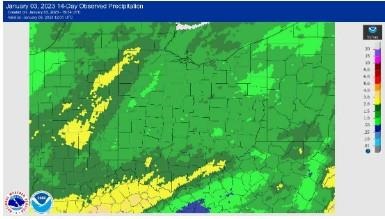 Figure 1: Total precipitation for the period December 20, 2022 – January 3, 2022. Figure courtesy of the NWS – Advanced Hydrologic Prediction Service.