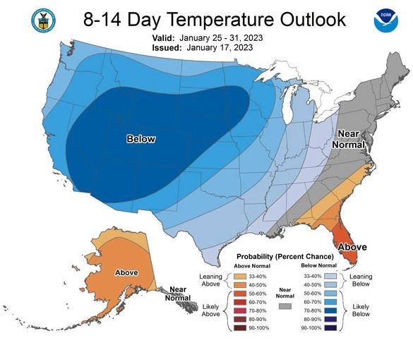 Figure 1. The Climate Prediction Center’s 8 to 14-day temperature outlook for the period January 25 through January 31, 2023