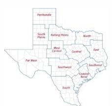 A map of the 12 Texas A&M AgriLife Extension districts