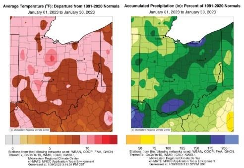 Figure 1: (left) Departure from 1991-2020 normal temperatures and (right) percent of normal precipitation for January 2023. Figure courtesy of the Midwestern Regional Climate Center.