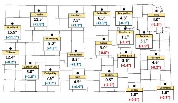 Figure 3. Total snowfall for January 2023 for select locations in Kansas. Values in parentheses are the departures from normal. Normals are based on the period 1991-2020.