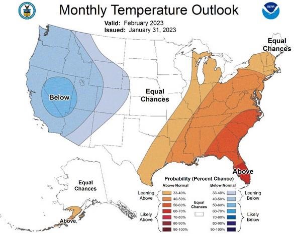 Figure 4. The Climate Prediction Center’s temperature outlook for February 2023.