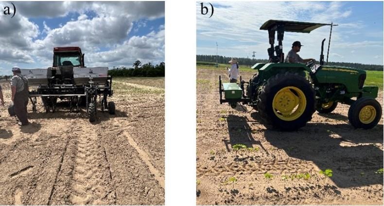 Figure 2. Demonstration of a) subsurface band application and b) broadcasting N fertilizers in row crop production systems.