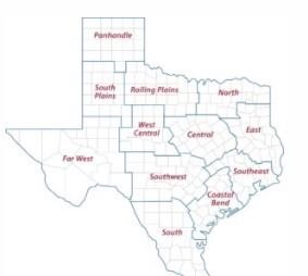 A map of the 12 Texas A&M AgriLife Extension districts