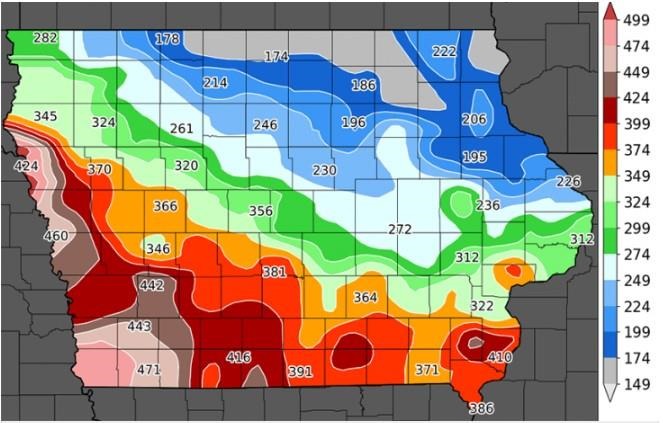 Figure 1. Accumulated growing degree days (base 39°F) in Iowa from January 1 to April 11, 2022. Map courtesy of the Iowa Environmental Mesonet, Iowa State University Department of Agronomy.