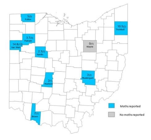 Average black cutworm (BCW) moths captured from May 2nd to May 8th. Large number indicates the average moth count for the week and the small number in parentheses is the total traps set up in the county.