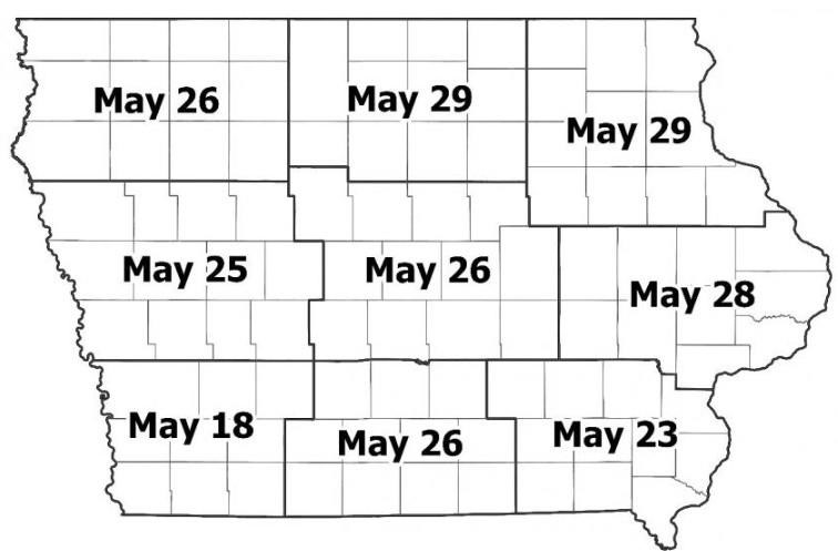 Estimated black cutworm cutting dates for each Iowa crop reporting district based on initial peak flights in 2022, as of May 11. These are estimates of when cutting will begin, but additional large flights may indicate prolonged feeding by black cutworm larvae
