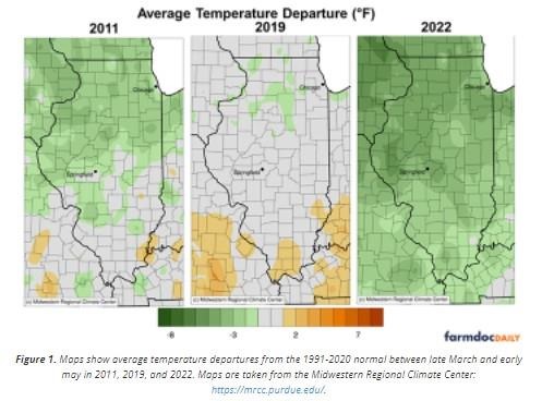 Maps show average temperature departures from the 1991-2020 normal between late March and early may in 2011, 2019, and 2022