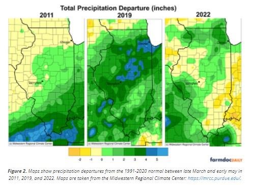 Maps show precipitation departures from the 1991-2020 normal between late March and early may in 2011, 2019, and 2022