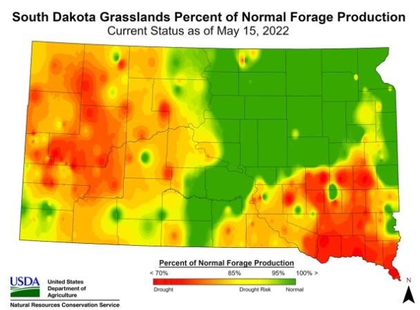 Figure 1. South Dakota Grasslands Percent of Normal Forage Production, May 15, 2022