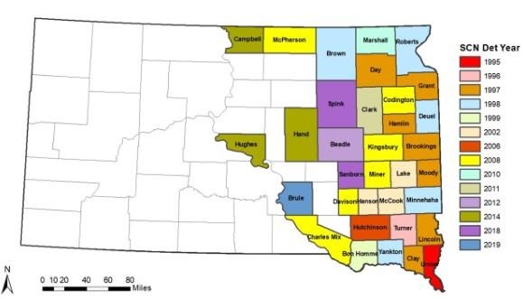 Figure 2. Current South Dakota counties that have been found with the soybean cyst nematode