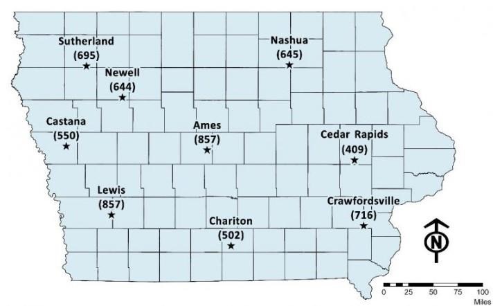 Figure 1. Accumulated soil degree days (base 52°F) in Iowa as of June 20, 2022. Expect 50% egg hatch of corn rootworm between 684-767 degree days