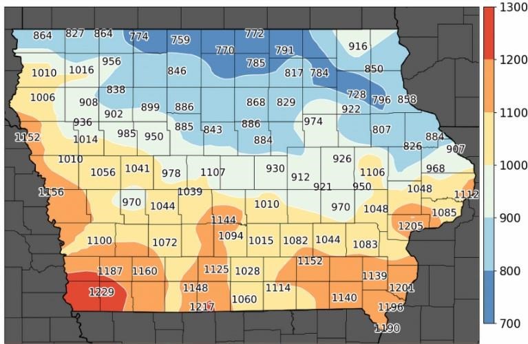 Figure 1. Growing degree days accumulated (base 50°F) in Iowa (as of June 20, 2022). Adults begin emerging around 1,030 degree days. Map courtesy of Iowa Environmental Mesonet, Iowa State University Department of Agronomy