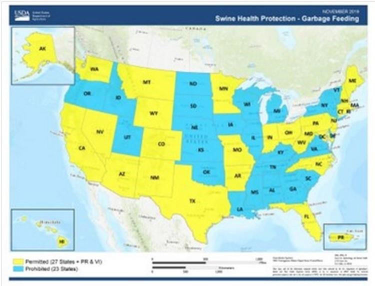 Adapted from USDA website: fs-swine-producers-garbage-feeding.pdf (usda.gov). States shaded blueprohibit garbage feeding to pigs, states shaded yellow allow garbage feeding