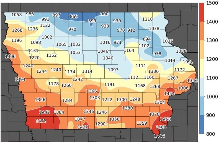 Degree days accumulated (base 41°F) for stalk borer in Iowa