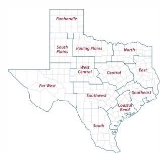 A map of the 12 Texas A&M AgriLife Extension districts