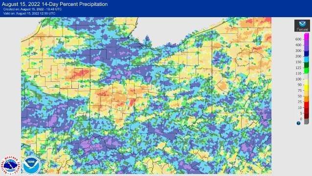 Figure 1). Percent of normal 14-day precipitation ending at 8:00am August 15, 2022. Figure courtesy of the Advanced Hydrologic Prediction Service