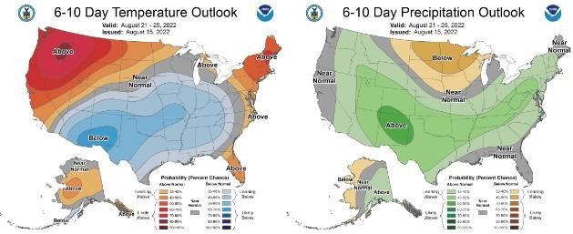 Figure 3) Climate Prediction Center 6-10 Day Outlook valid for August 21 – 25, 2022 for left) temperatures and right) precipitation. Colors represent the probability of below, normal, or above normal conditions