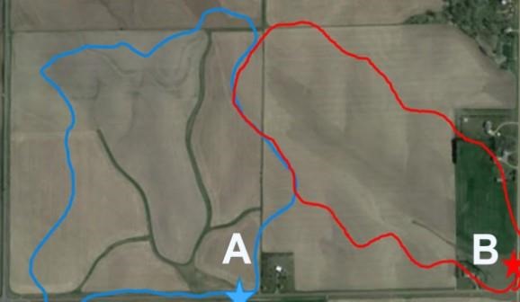 Figure 1. Map showing the Blue (A) and Red (B) delineated watersheds