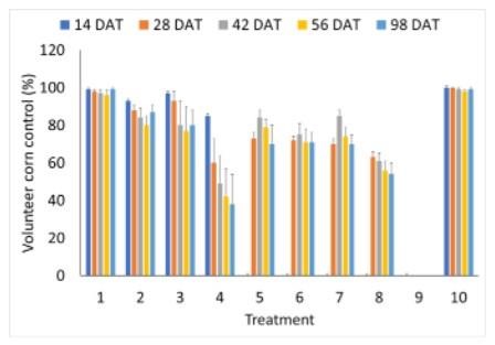 Effect of herbicide treatments on volunteer Enlist corn control in Enlist E3 soybean at 14, 28, 42, 56, and 98 days after treatment (DAT)