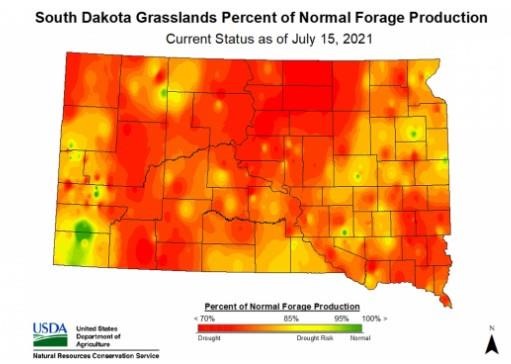 South Dakota grasslands percent of normal forage production