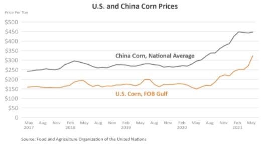 Line graph comparing the price per ton of corn in China vs. the U.S. Prices are higher in China.