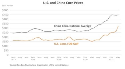 Line graph comparing the price per ton of corn in China vs. the U.S.  Prices are higher in China. 
