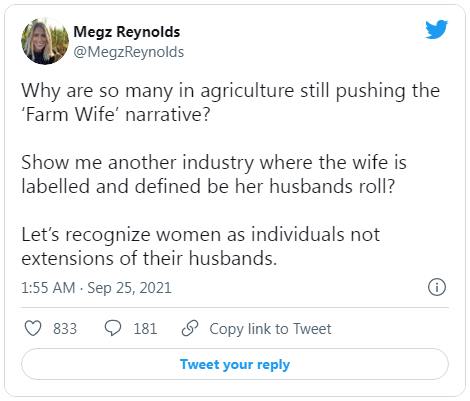 Reynolds, who is involved in agriculture (she farms grain near Kyle, Sask.), manufacturing, and consulting, tweeted her frustration