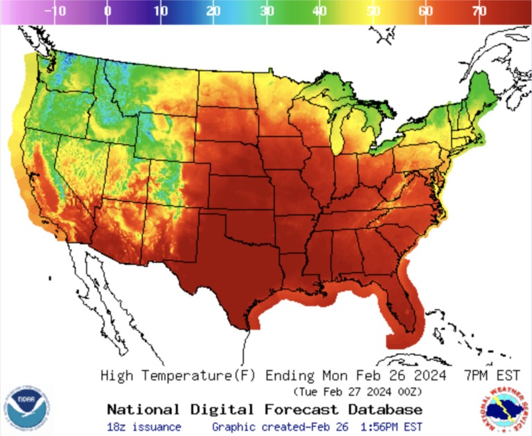 The report also said that “on Sunday, February 25, as the Midwestern warmth arrived, daily-record high temperatures surged to 76°F in St. Joseph, Missouri, and 57°F in Oshkosh, Wisconsin.”