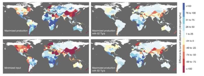 REDISTRIBUTED NITROGEN INPUT. DIFFERENCES RELATIVE TO CURRENT DISTRIBUTION BY (A) MAXIMIZED PRODUCTION OF MAIZE, RICE, AND WHEAT WITH CURRENT GLOBAL NITROGEN INPUT (190 TG/A) AND (B) WITH THE INPUT REDUCED TO WITHIN THE PROPOSED PLANETARY BOUNDARY OF 62 TG/A, (C) WITH MINIMIZED INPUT FOR CURRENT GLOBAL PRODUCTION AND (D) MAXIMIZED PRODUCTION WITH THE INPUT REDUCED TO WITHIN THE UPPER BOUNDARY OF THE UNCERTAINTY ZONE OF THE PROPOSED PLANETARY BOUNDARY (82 TG/A).