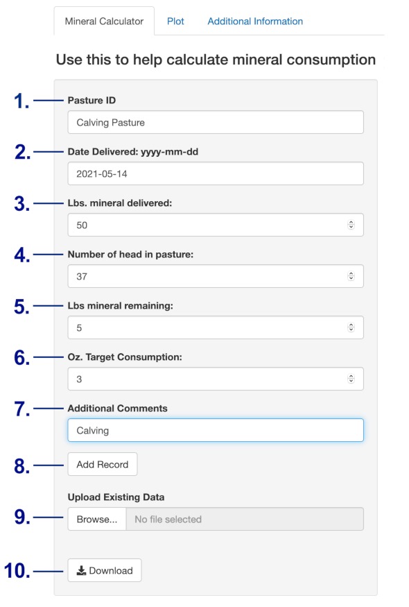 Screenshot of the Mineral Consumption Calculator’s ‘Mineral Calculator’ tab. Fields are labeled 1 through 10. For a detailed description call, call SDSU Extension at 605-688-6729.